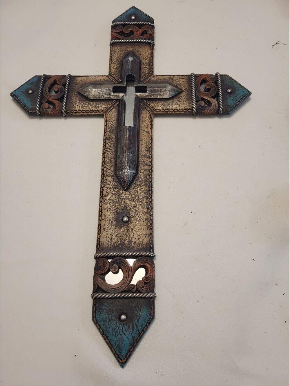 Decorative Wall Cross with Turquoise and Metal Accents 19.5x13